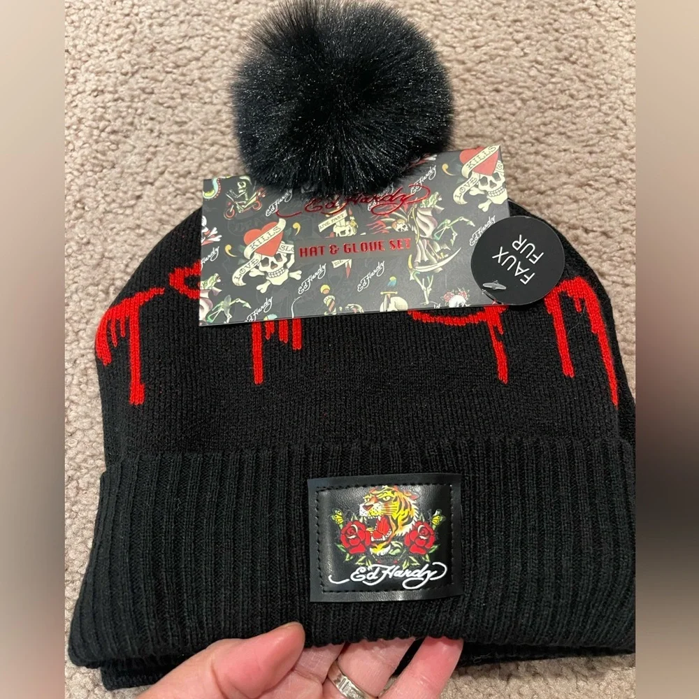 2pcs ED HARDY Unisex Black Faux Fur Beanie One Size